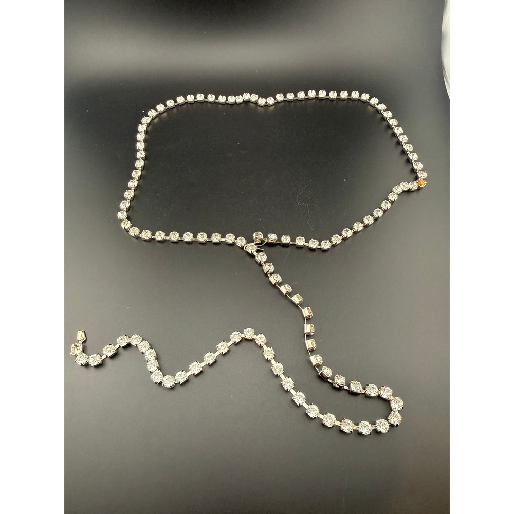 Vintage Rhinestone Lariat Necklace Silver Tone Long Crystal Wrap Belt 45 Inch